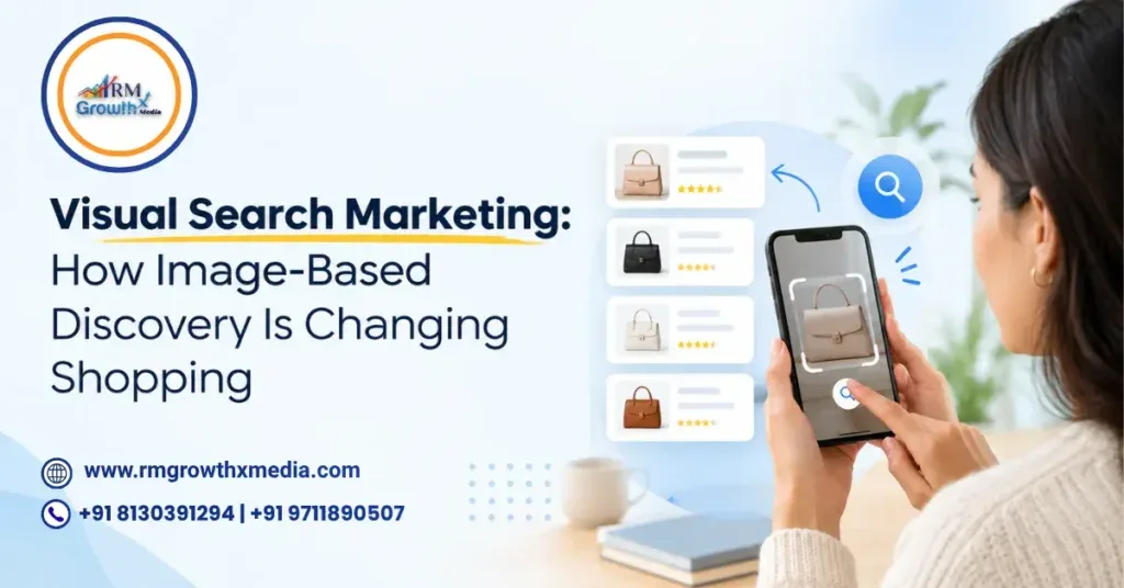 Visual search marketing banner showing a shopper using a smartphone to discover handbags through image-based product search.